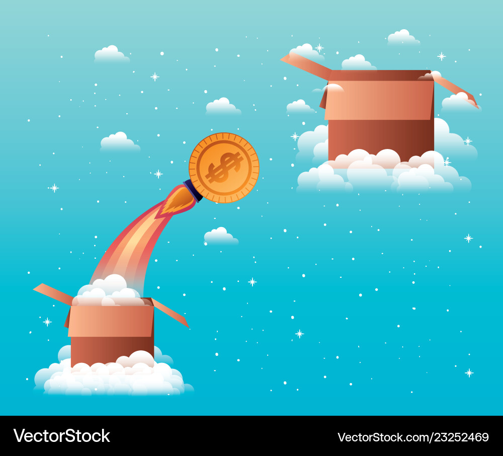 Rocket start up with coin and box Vector Image