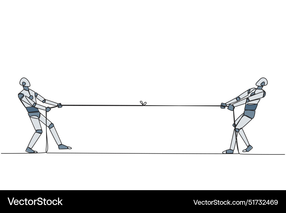 Single one line drawing two robots pulling each Single one line drawing two robots pulling each vector image