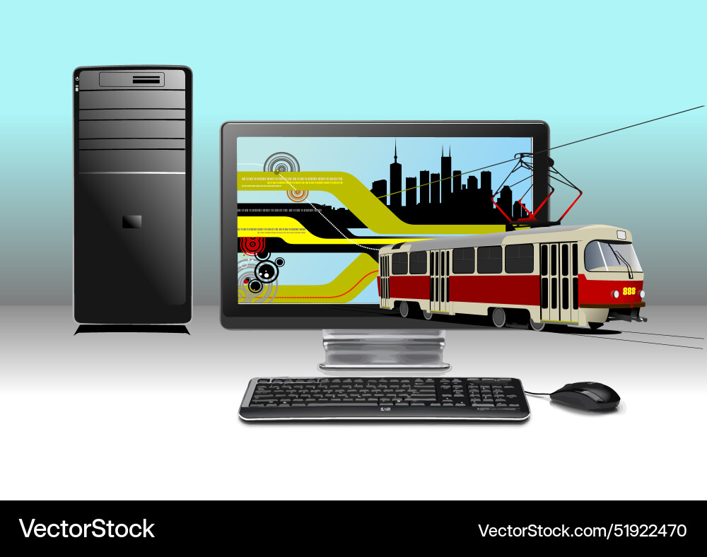 Abstract desktop computer with modern red tram vector image