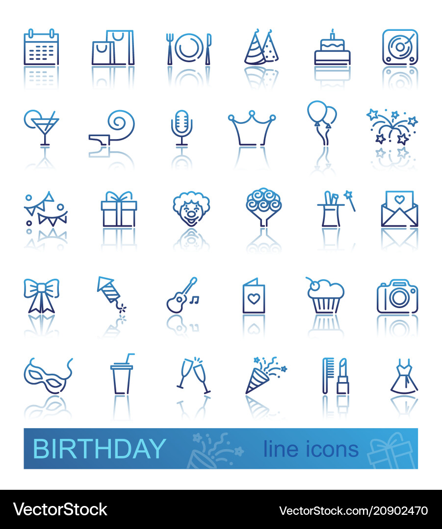 Linear birthday icons set with reflection Linear birthday icons set with reflection vector image