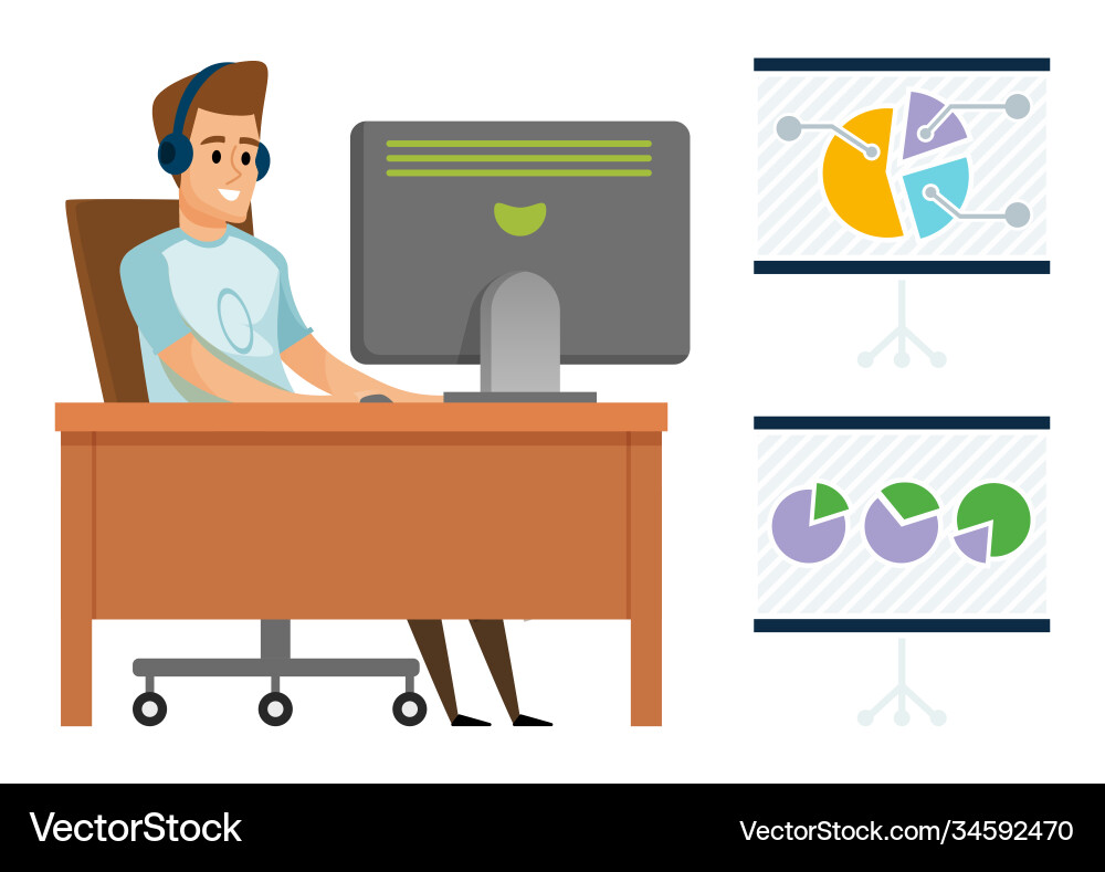 Man communication with pc chart board Man communication with pc chart board vector image