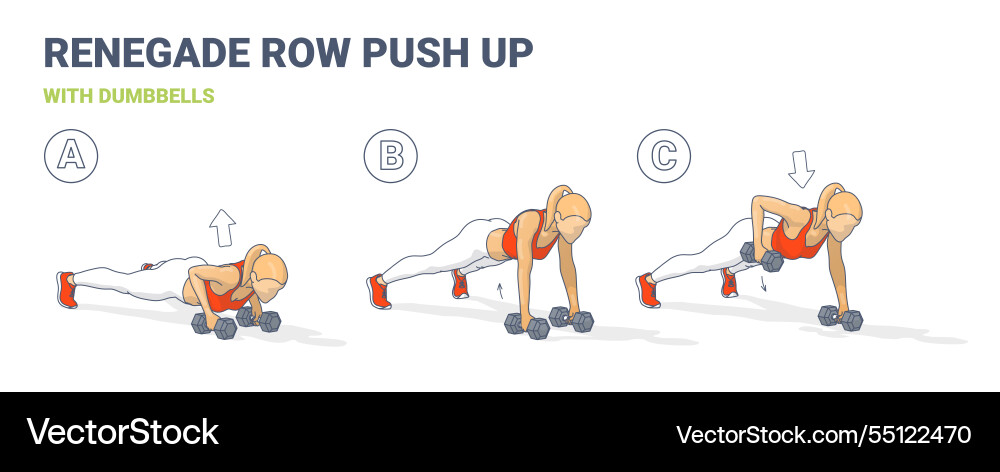 Renegade row push-up exercise guide in 3 steps Renegade row push-up exercise guide in 3 steps vector image