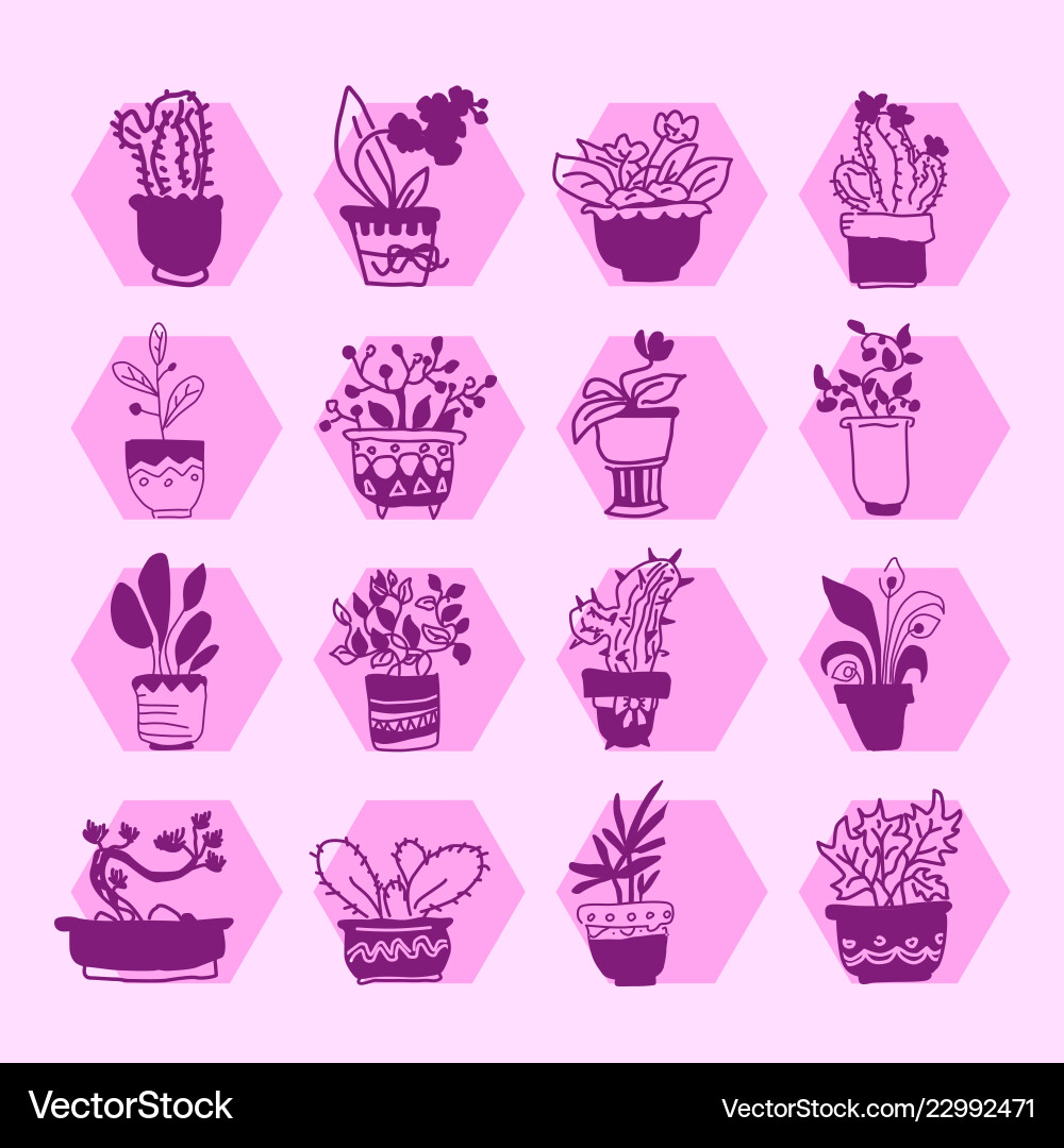 Bright icon set of housplants in potspurple Bright icon set of housplants in potspurple vector image