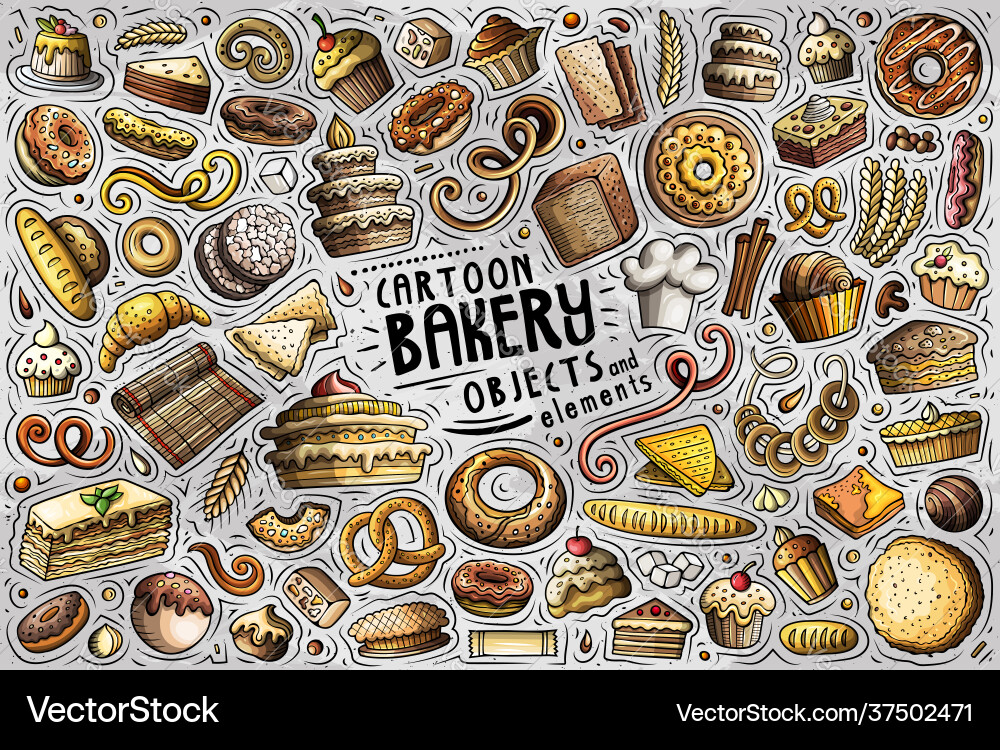 Cartoon set bakery theme items objects Cartoon set bakery theme items objects vector image