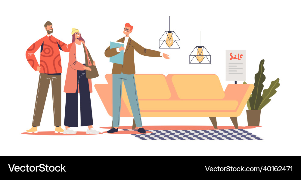 Couple choosing furniture for home with help Couple choosing furniture for home with help vector image