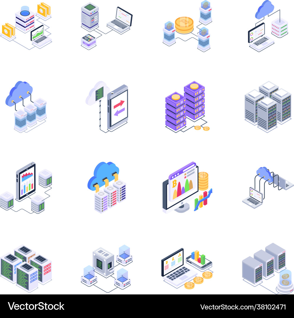 Isometric icons bitcoin and data network vector image