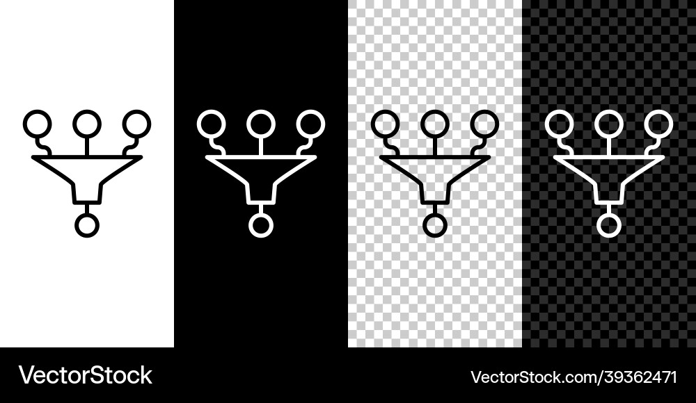 Set line funnel or filter icon isolated on black Set line funnel or filter icon isolated on black vector image