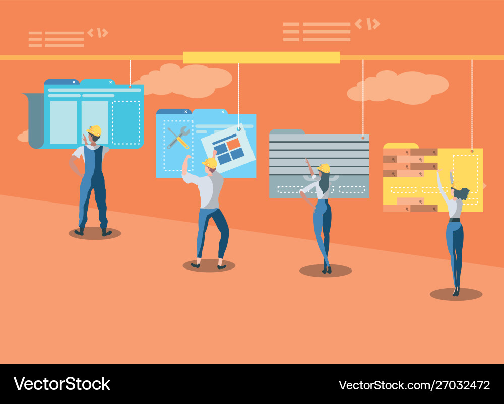 Buiders and data folder with webpage under vector image