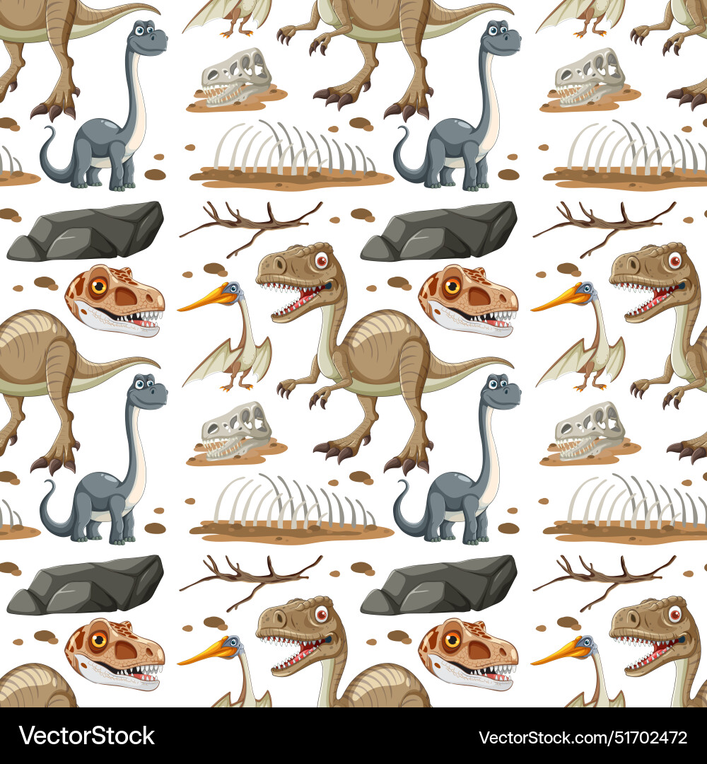 Colorful dinosaurs and fossils in seamless pattern Colorful dinosaurs and fossils in seamless pattern Vector Image
