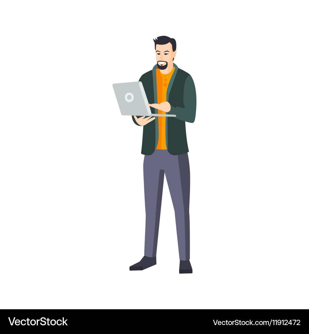 Man with goatee beard and lap top in green vector image