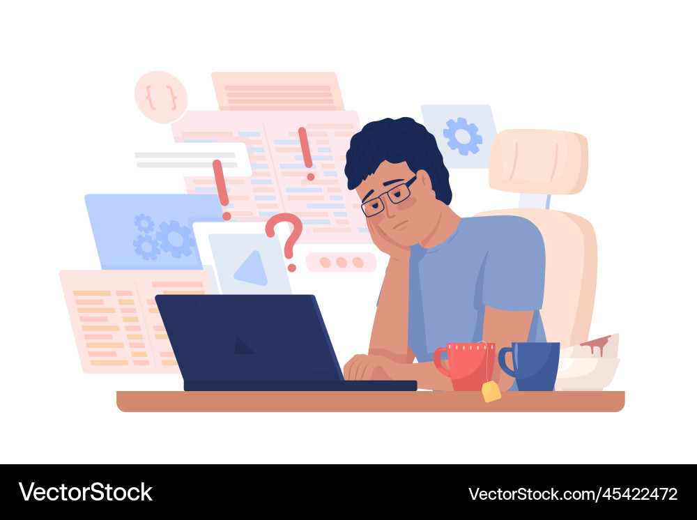 Overloaded with work software developer semi flat Overloaded with work software developer semi flat vector image