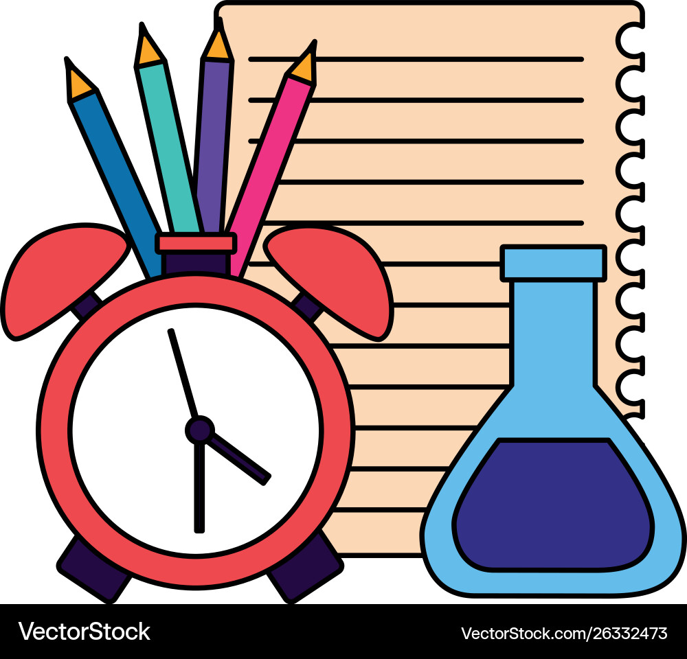Back to school alarm clock and set supplies Back to school alarm clock and set supplies vector image