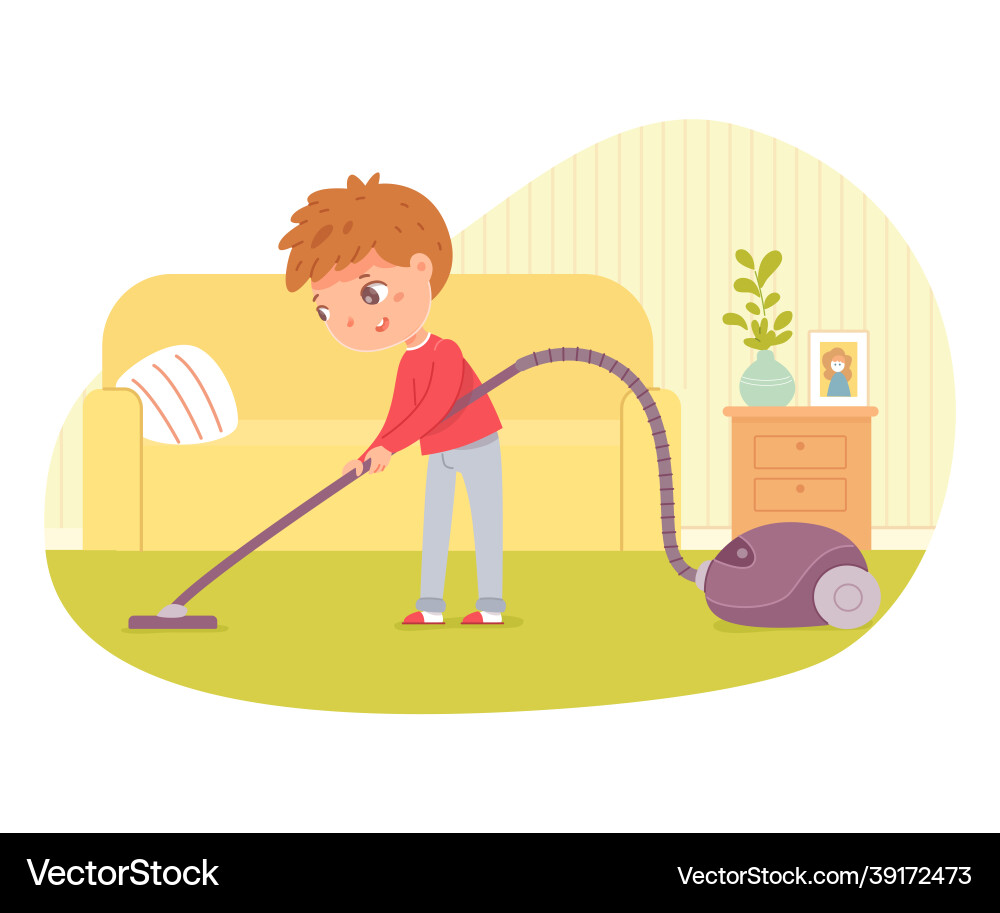 Boy helping vacuum clean in living room kid helps Boy helping vacuum clean in living room kid helps vector image