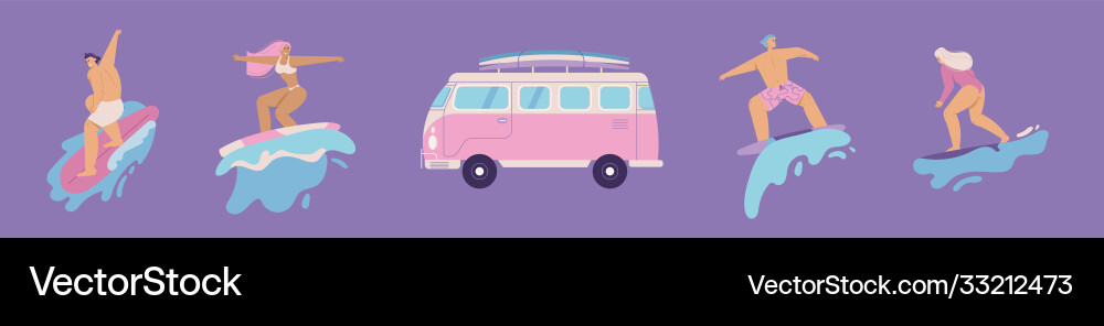 Young people riding on surfboards set vintage Young people riding on surfboards set vintage vector image