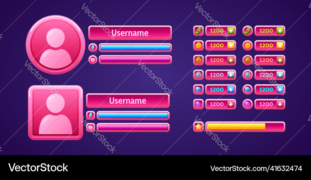 Pink game menu panel rpg user profiles rewards Pink game menu panel rpg user profiles rewards vector image