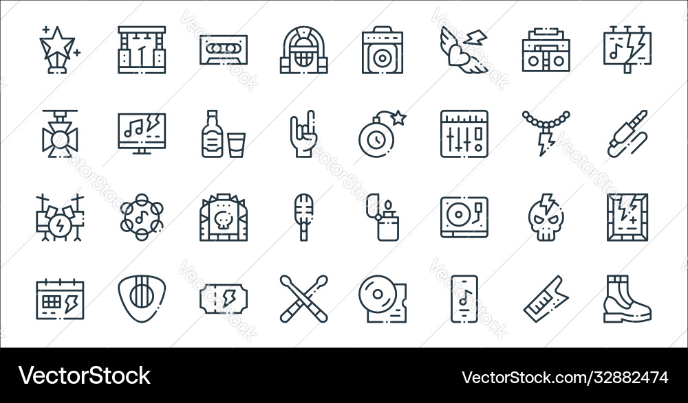Rock n roll line icons linear set quality vector image