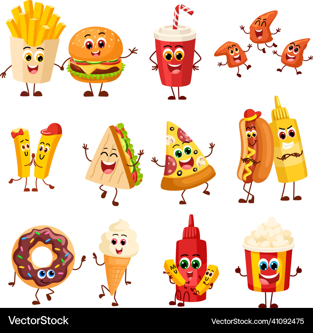 Funny fast food characters joyful snack sandwich Funny fast food characters joyful snack sandwich Vector Image