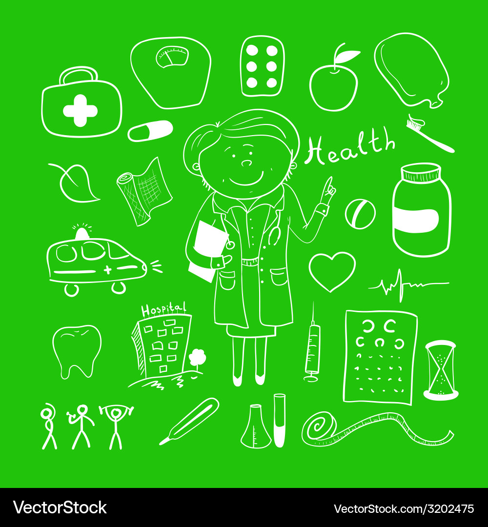 Gesundheit Icons doodle Frau Arzt Vektorbild