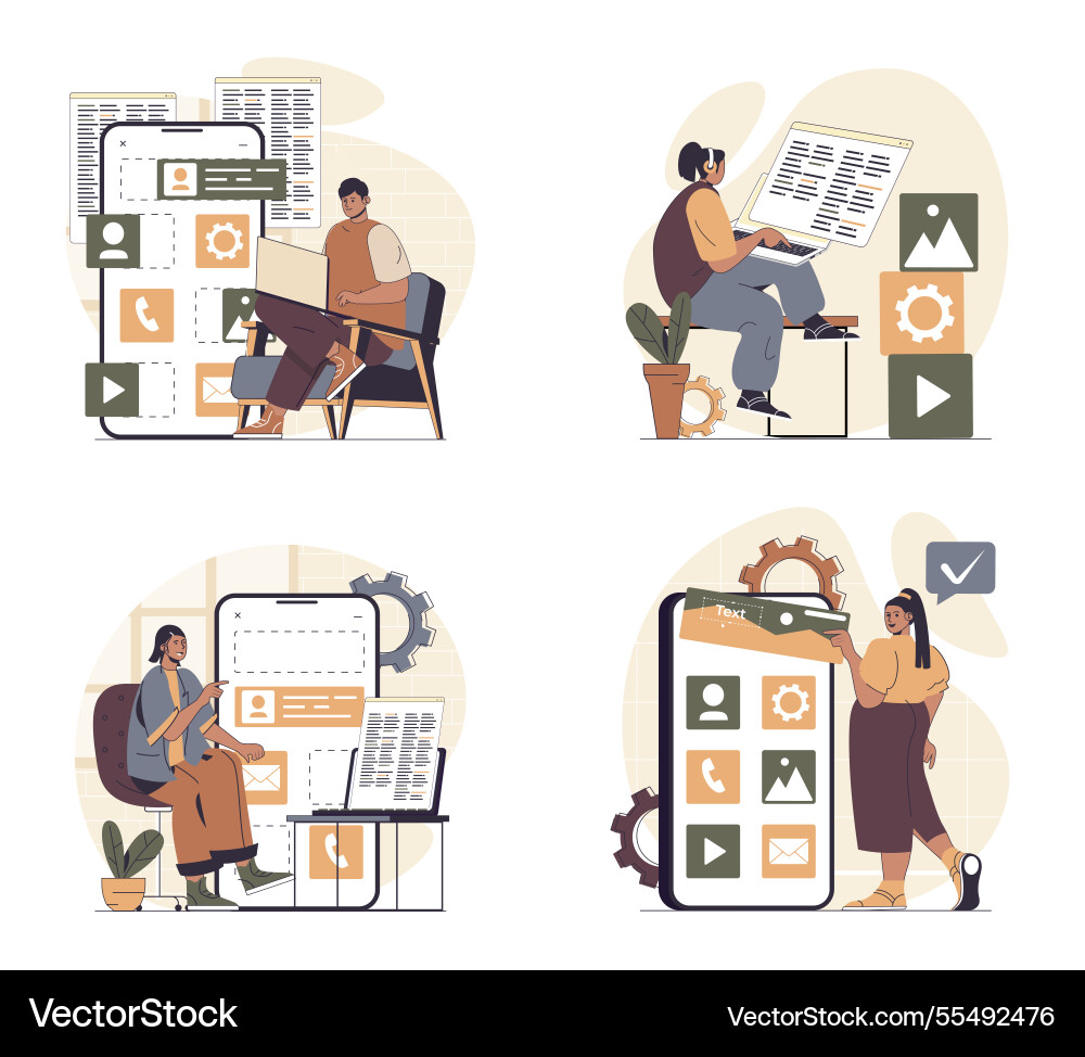 App development concept scenes set in flat web App development concept scenes set in flat web Vector Image