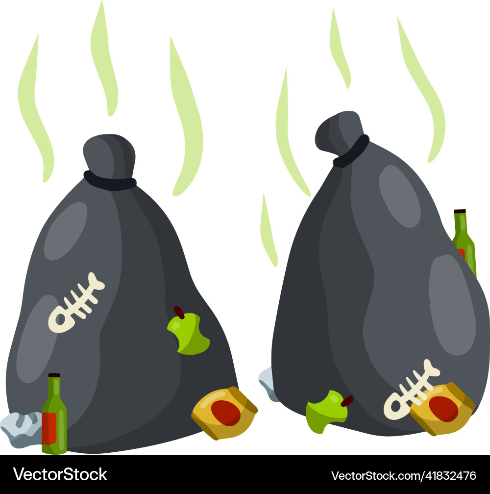 Garbage bag black with trash and junk Garbage bag black with trash and junk Vector Image