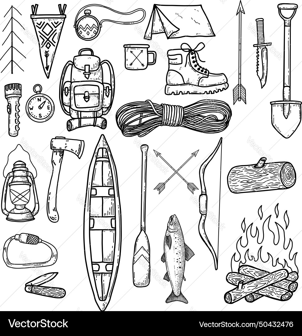 Hiking summer camp emblems and design elements Vector Image