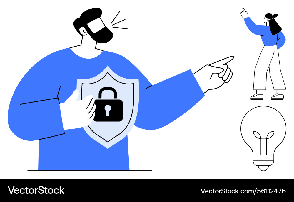 Man protecting data with shield pointing forward Man protecting data with shield pointing forward vector image