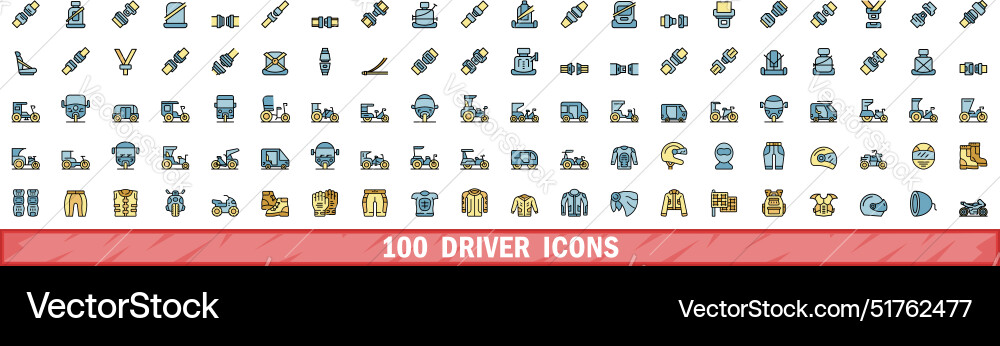100 driver icons set color line style 100 driver icons set color line style vector image