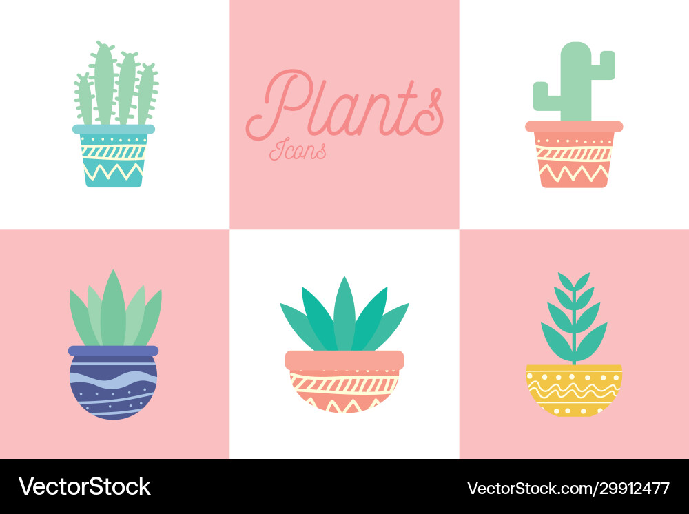 Isolated plants inside pots block gradient style vector image