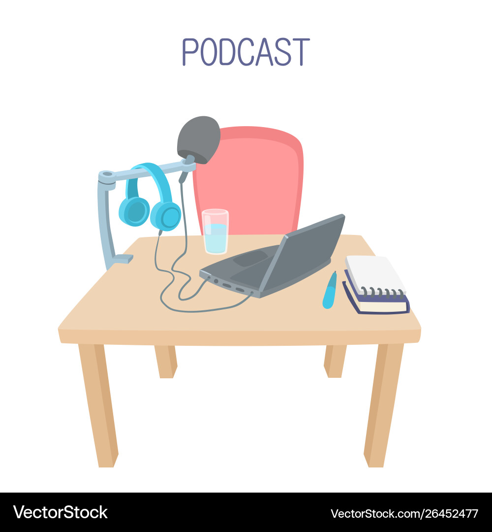 Podcast table with computer microphone vector image