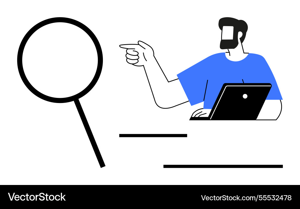 Man pointing towards a magnifying glass while Man pointing towards a magnifying glass while Vector Image
