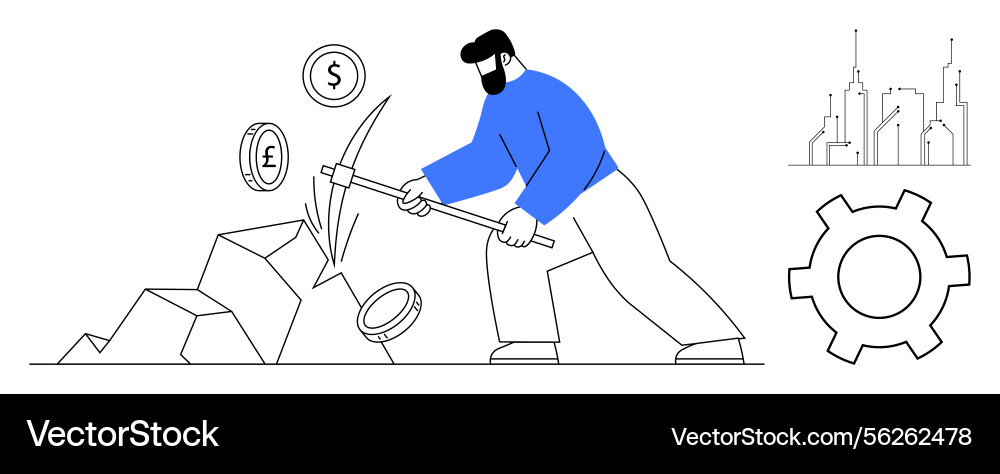 Man using pickaxe to mine currency from rocks Man using pickaxe to mine currency from rocks Vector Image