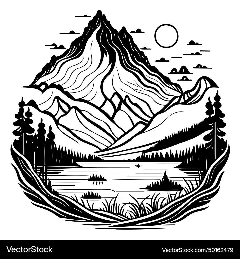 Art nouveau doodle Skizze Berg See zeichnen schwarz Art nouveau doodle Skizze Berg See zeichnen schwarz vektorbild