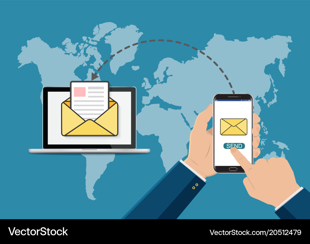 Hand touching smart phone with sending email Vector Image