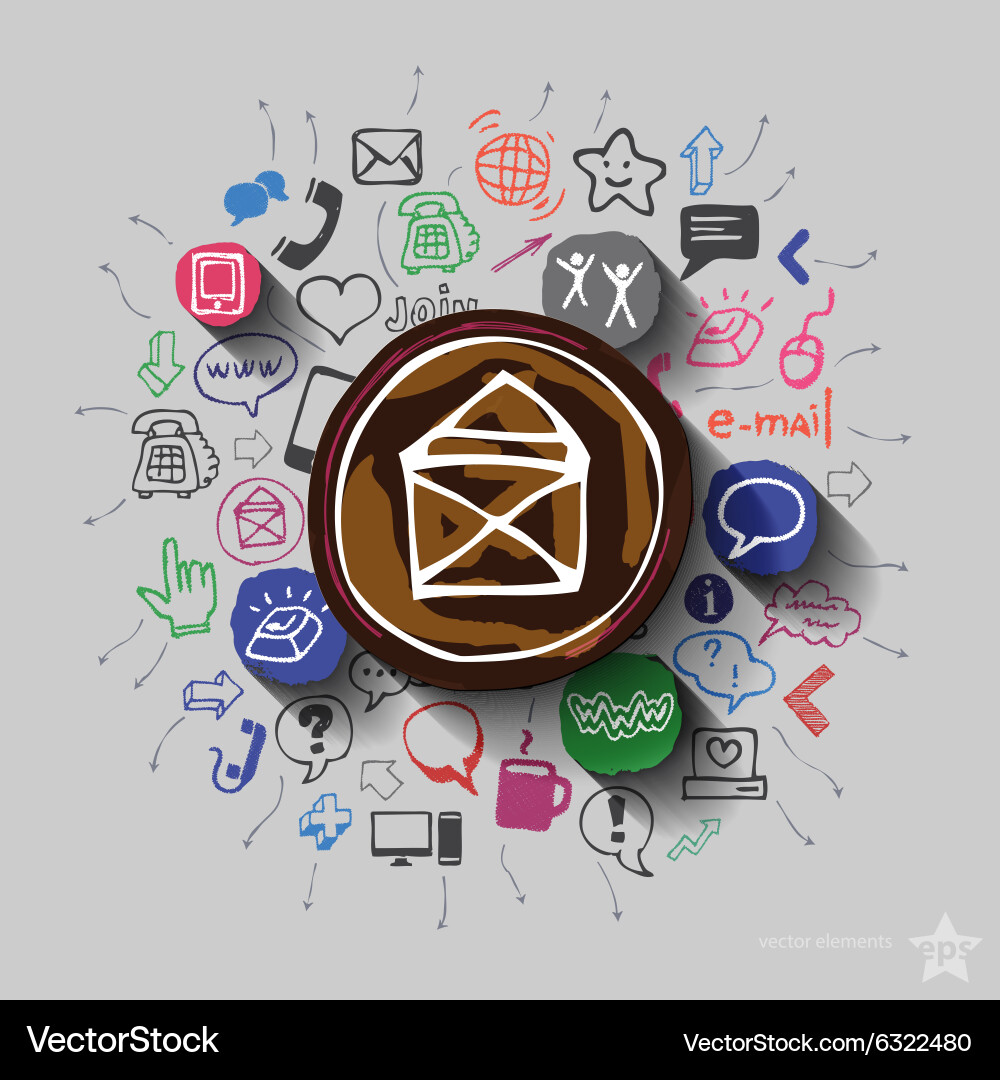 Envelope and collage with web icons background Vector Image