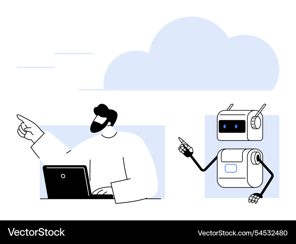 Man with laptop and robot discussing work in cloud Man with laptop and robot discussing work in cloud Vector Image