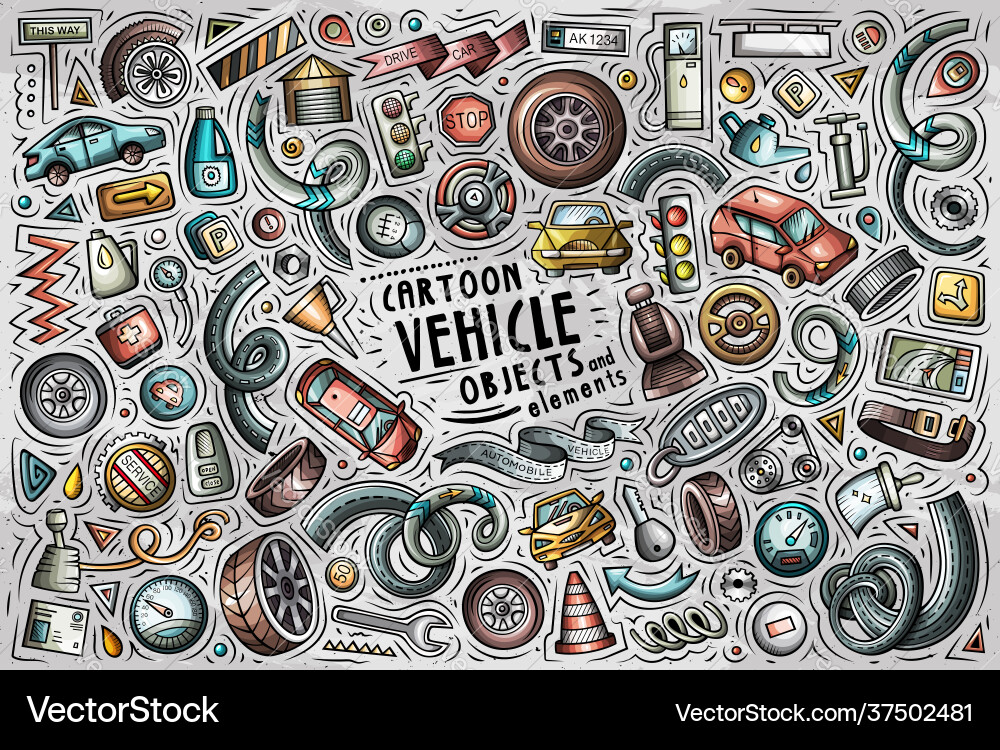 Cartoon set vehicle theme items objects Cartoon set vehicle theme items objects vector image