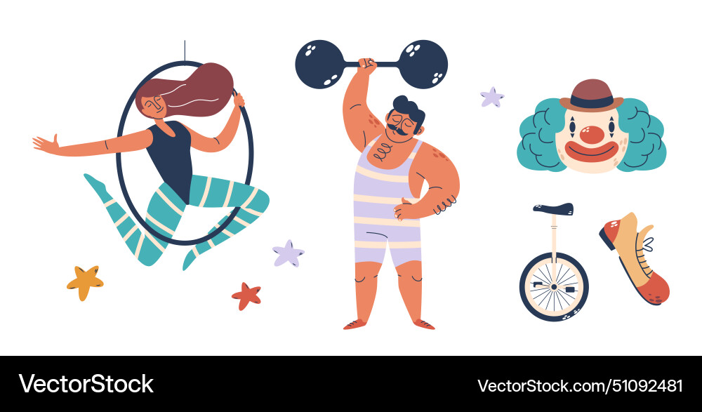 Circus artists strongman aerial gymnast and clown Circus artists strongman aerial gymnast and clown vector image