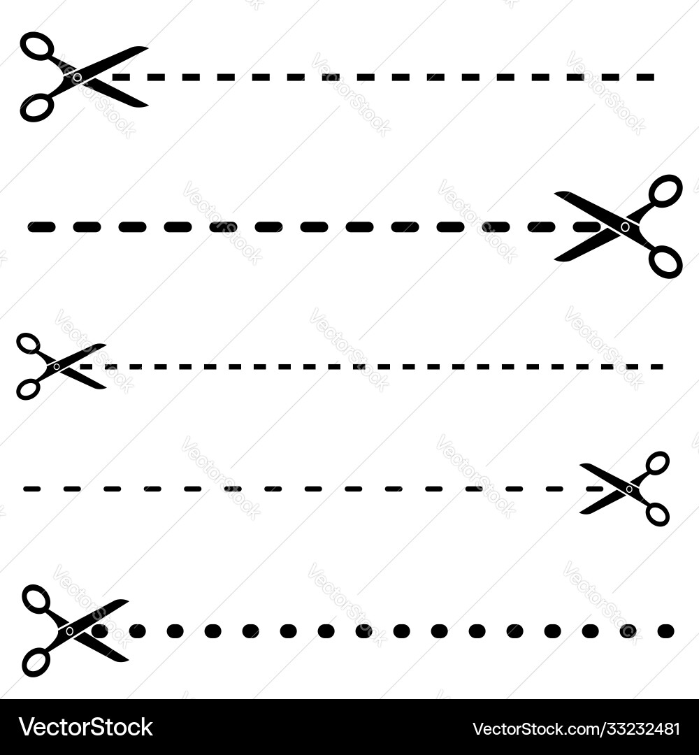 Set black scissors with cut lines isolated Vector Image