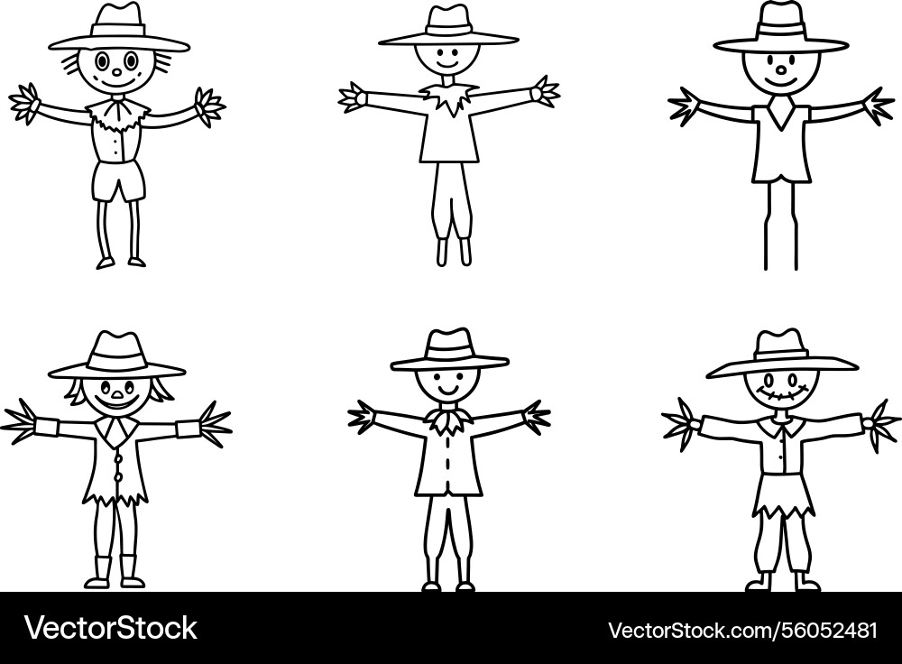 Set of hand-drawn scarecrow line art for autumn Set of hand-drawn scarecrow line art for autumn vector image