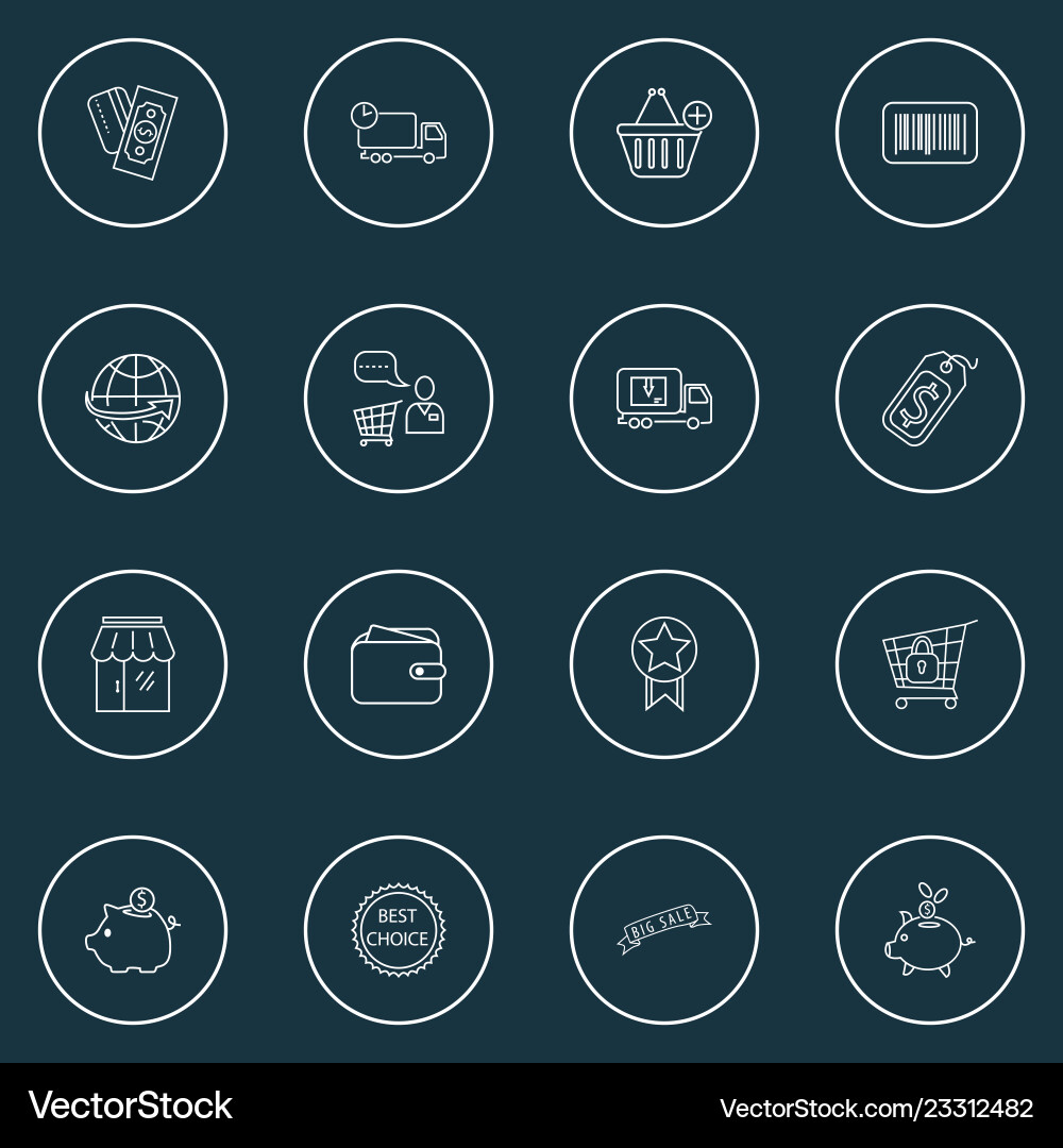 Commerce icons line style set with savings add Vector Image