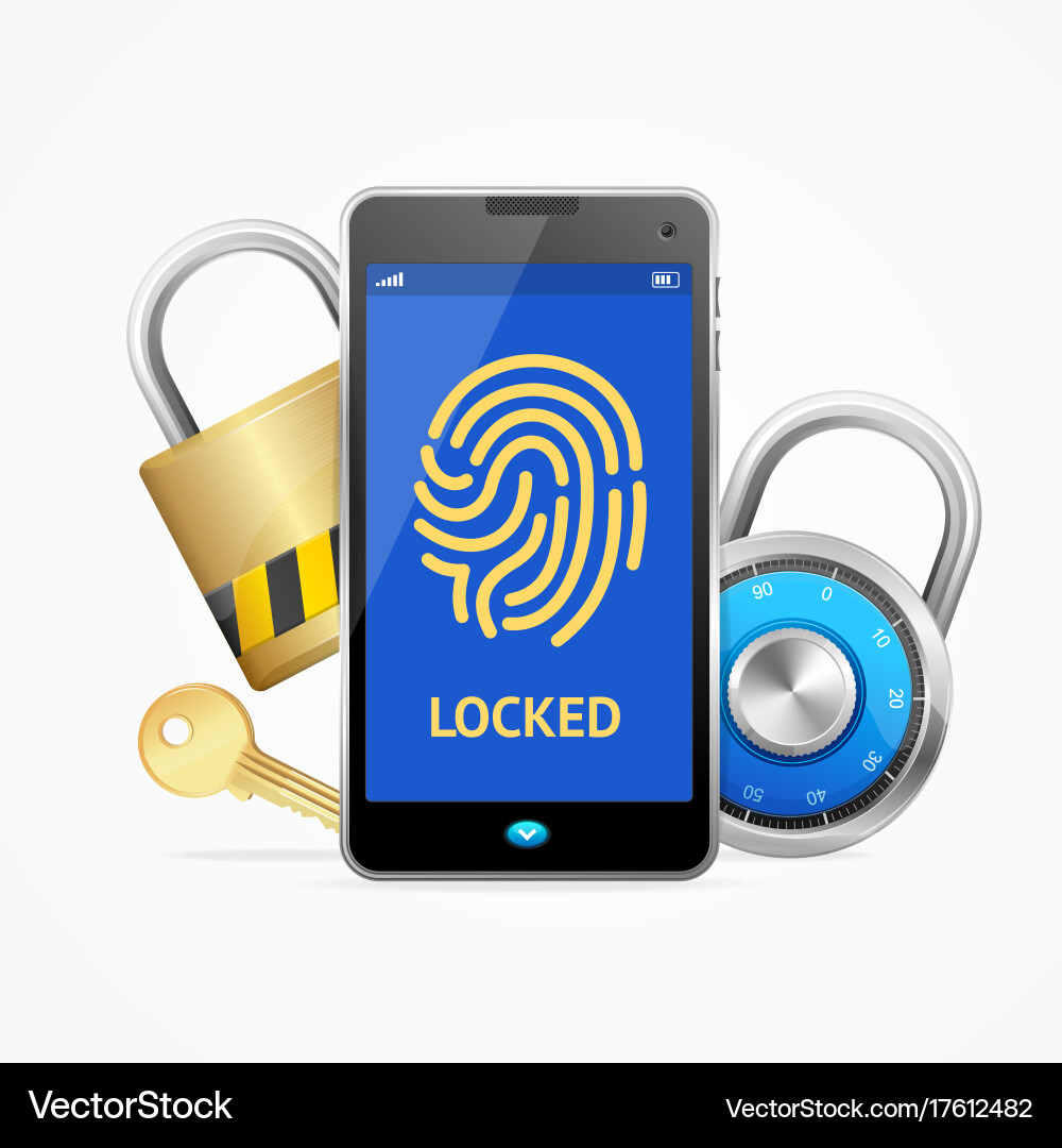 Realistic 3d mobile security on screen with lock vector image