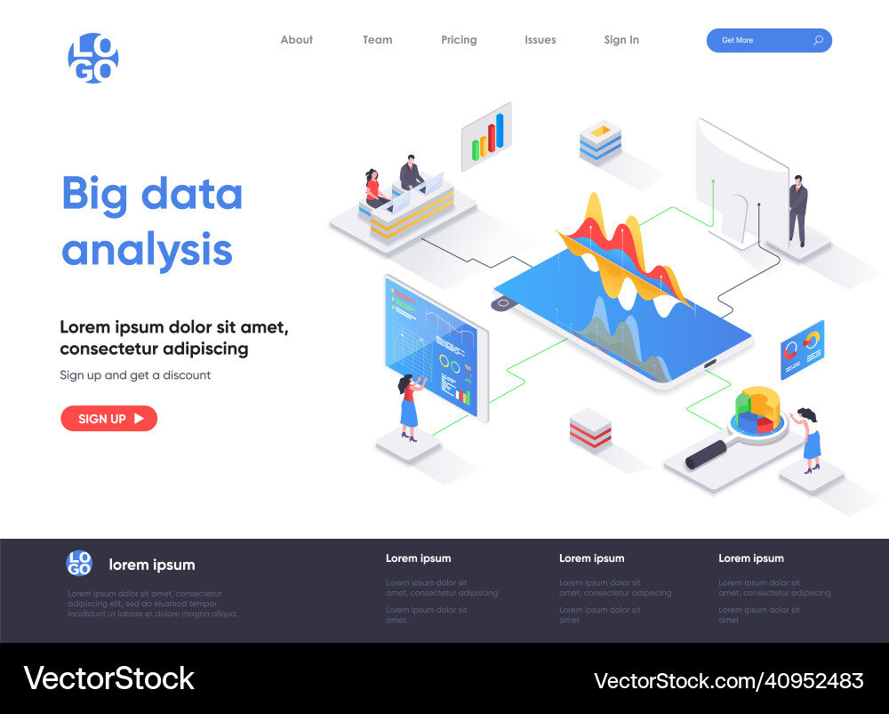 Big data analysis isometric landing page vector image