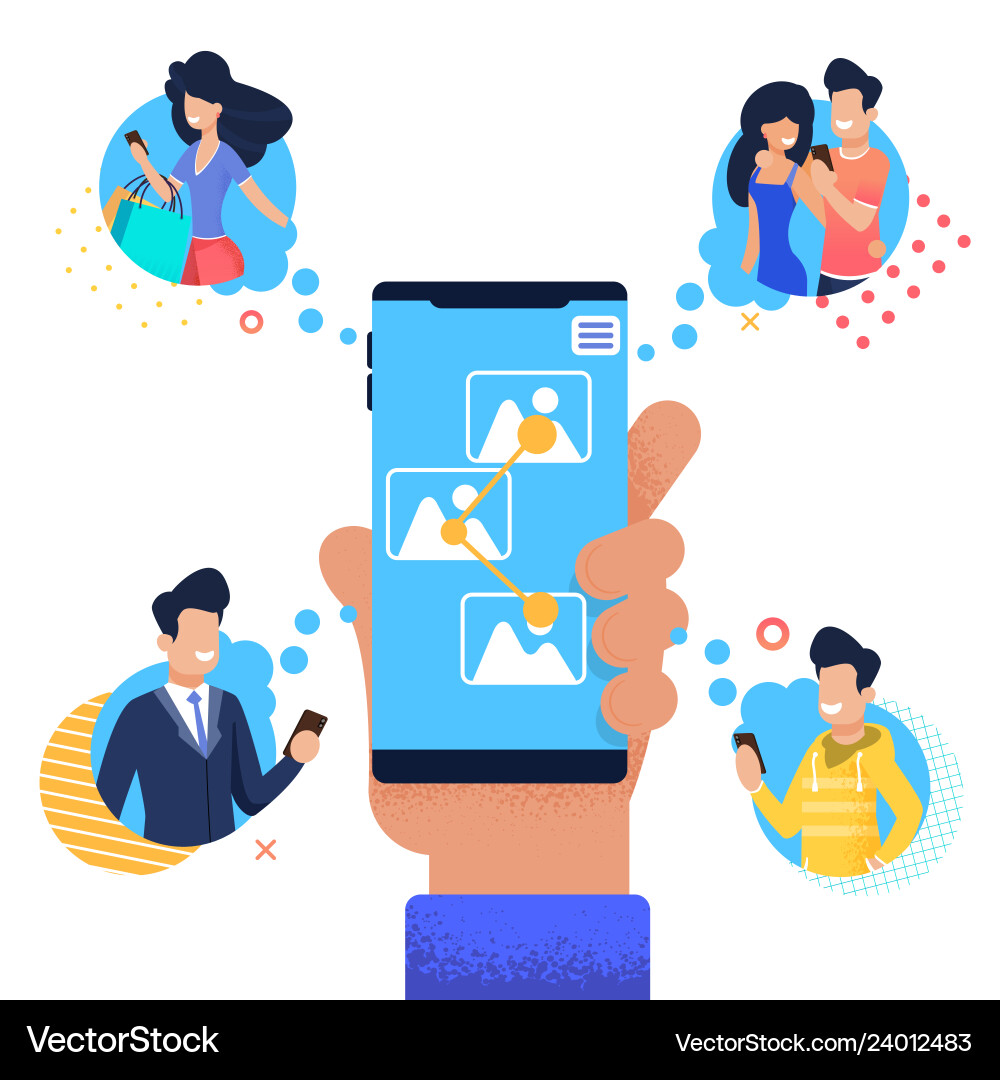Flat banner man sends group people share photo Flat banner man sends group people share photo vector image
