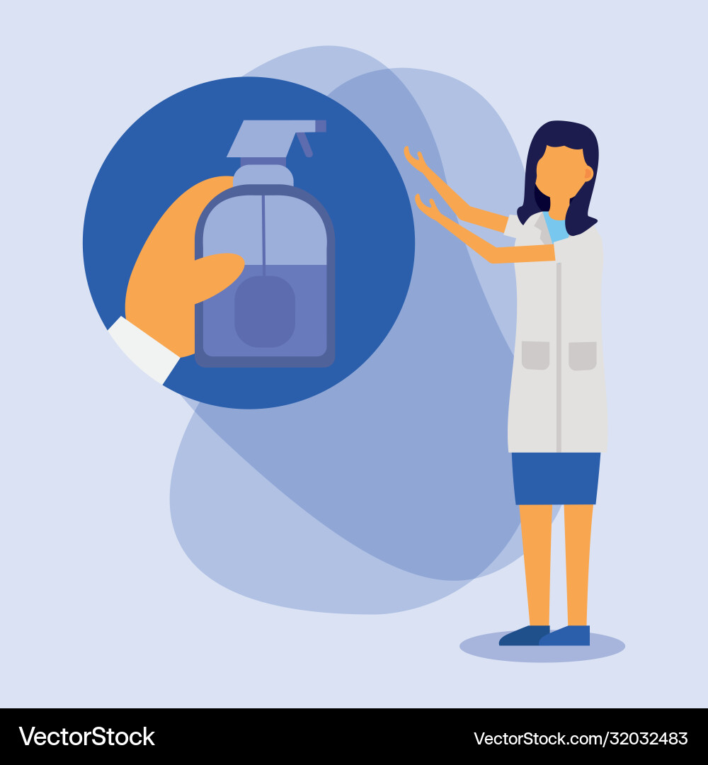 Hands Sanitizer Flasche und weiblicher Arzt Hands Sanitizer Flasche und weiblicher Arzt vektorbild