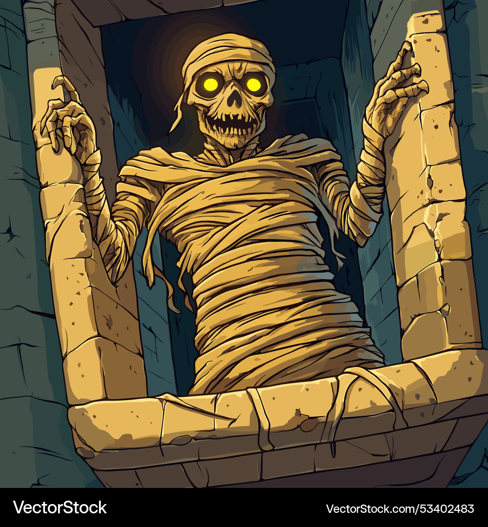 Mummy emerges from sarcophagus retro horror movie Mummy emerges from sarcophagus retro horror movie vector image