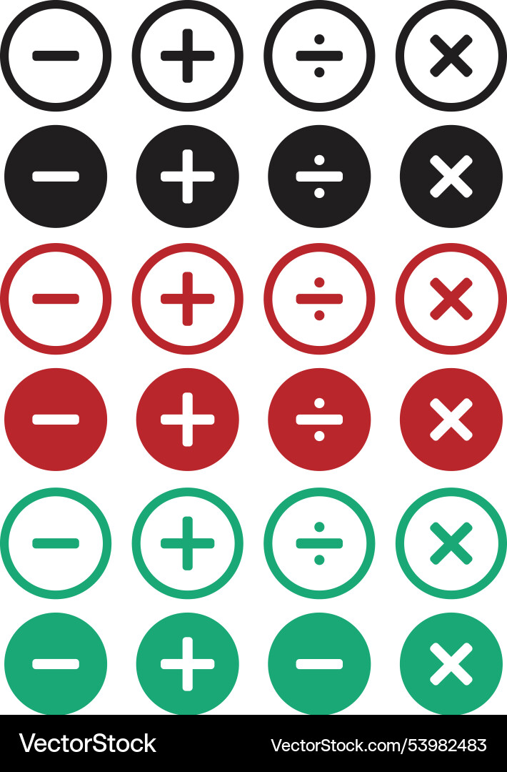 Plus minus add and subtract icon set in different Plus minus add and subtract icon set in different Vector Image