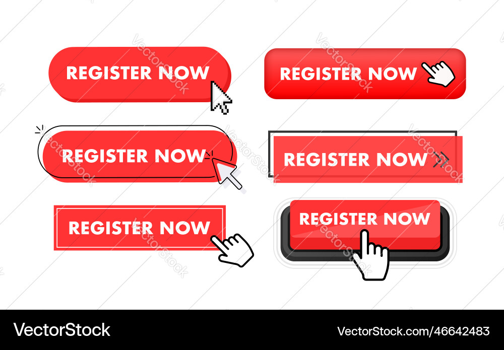 Set of register now button hand pointer clicking Set of register now button hand pointer clicking vector image
