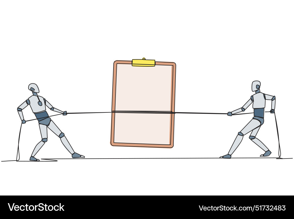 Single continuous line drawing two smart robots Single continuous line drawing two smart robots vector image