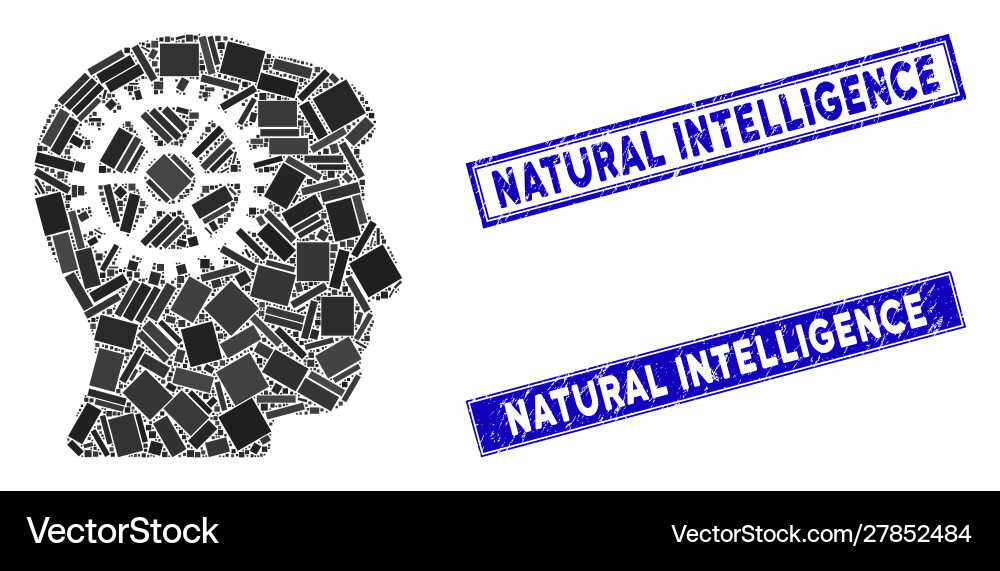 Intellect cog mosaic and scratched rectangle Intellect cog mosaic and scratched rectangle vector image