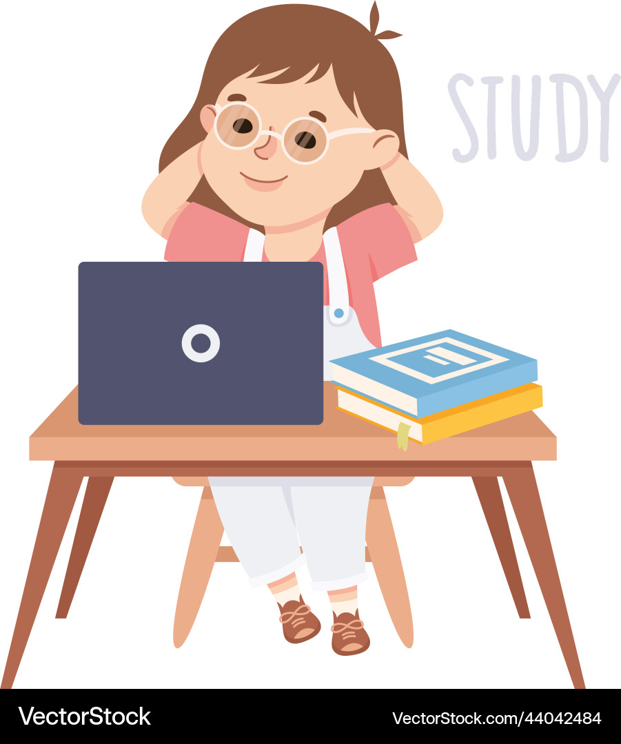 Kleine Mädchen sitzen am Tisch und studieren Kleine Mädchen sitzen am Tisch und studieren vektorbild